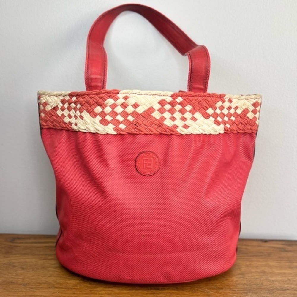FENDI • Red Vintage Woven Detail Tote Purse Bag.